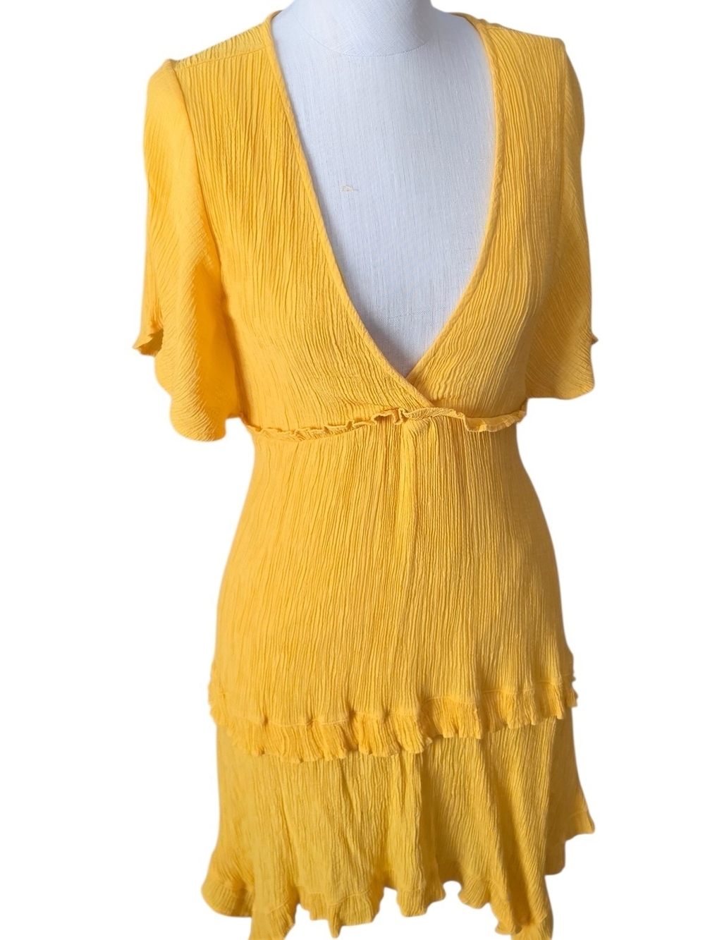 Umgee Yellow Crinkle V-Neck Ruffle Dress